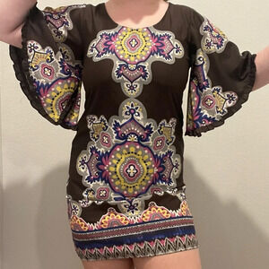 Anthropologie Uncle Frank disco 70s mandala print bell sleeve shift dress medium